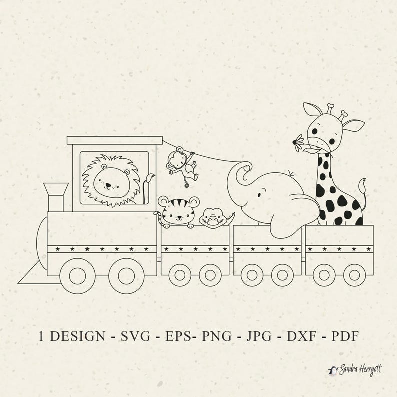 May include: Line art illustration of a train carrying various animals, including a lion, monkey, tiger, elephant, and giraffe. The giraffe holds a flower. The image includes the text "1 DESIGN - SVG - EPS - PNG - JPG - DXF - PDF".