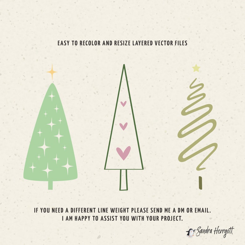 May include: Three different styles of Christmas tree illustrations. The first tree is green with a star on top and white stars throughout. The second tree is green with a pink heart at the bottom and four pink hearts up the trunk. The third tree is a yellow wavy line with a yellow star on top.