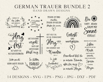 May include: A set of 14 black and white hand-drawn designs for creating German sympathy cards. The designs feature phrases like "Begrenzt ist das Leben. Doch unendlich die Erinnerung." and "In stiller Trauer".