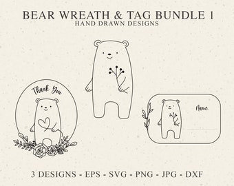 May include: A digital graphic set titled BEAR WREATH & TAG BUNDLE 1 HAND DRAWN DESIGNS featuring three black line art illustrations of bears. One bear is inside a floral wreath with the text Thank You, one is standing, and one is on a tag with the text Name.