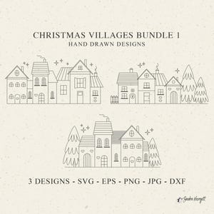 Pode incluir: Ilustração em linha de designs de aldeias de Natal. A imagem inclui três cenas de aldeias diferentes com casas, árvores e estrelas. O texto na parte superior diz "CHRISTMAS VILLAGES BUNDLE 1 HAND DRAWN DESIGNS". O texto na parte inferior diz "3 DESIGNS - SVG - EPS - PNG - JPG - DXF".