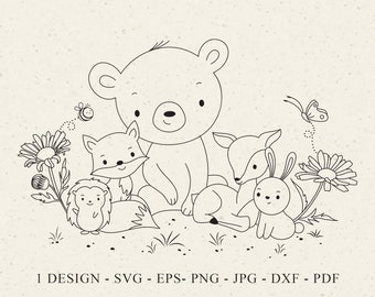 Forest Animals Plotter File Svg Dxf Png Jpg Woodland Cricut Botanical Silhouette Baby Bunny Clipart Vinyl Laser Cut File Deer Fox Bear Daisy