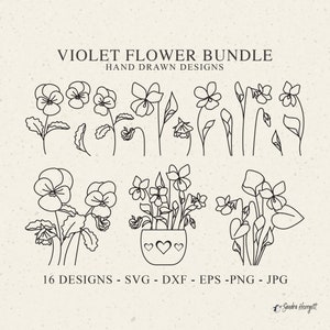 Arquivo de plotter de flor violeta Svg Dxf PNG EPS Jpg Fevereiro mês de nascimento Floral Cricut Silhueta de flores silvestres Arquivo de corte de vinil botânico Vaso de planta
