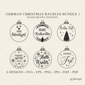 May include: A bundle of six German Christmas bauble designs in black and white. Each bauble features a unique design with text such as "Frohe Weihnachten" and "Hallo Winter". The image also includes file format information.