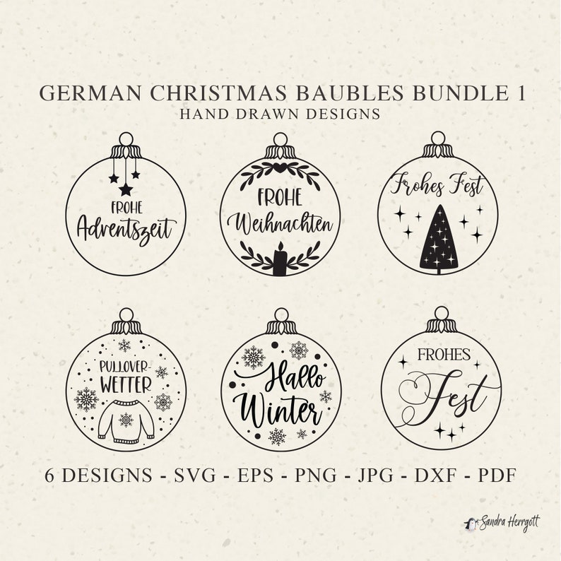Op de afbeelding: Een bundel van zes Duitse kerstbalontwerpen in zwart en wit. Elke bal heeft een uniek ontwerp met teksten als "Frohe Weihnachten" en "Hallo Winter". De afbeelding bevat ook informatie over bestandsformaten.