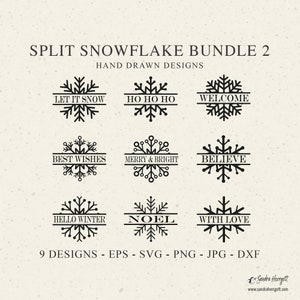Pacchetto SVG fiocco di neve diviso 2, Pacchetto SVG monogramma fiocco di neve, Cornice nome Natale SVG, Cornice fiocco di neve SVG, Silhouette, PNG, DXF, Inverno SVG