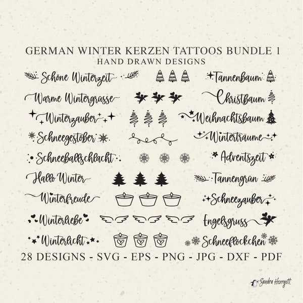 GERMAN Winter Candle Tattoo, A4 PDF Template, Christmas Plotter File Svg Dxf Png Jpg Eps Cricut Silhouette Vinyl Laser Cut File Stick Candle