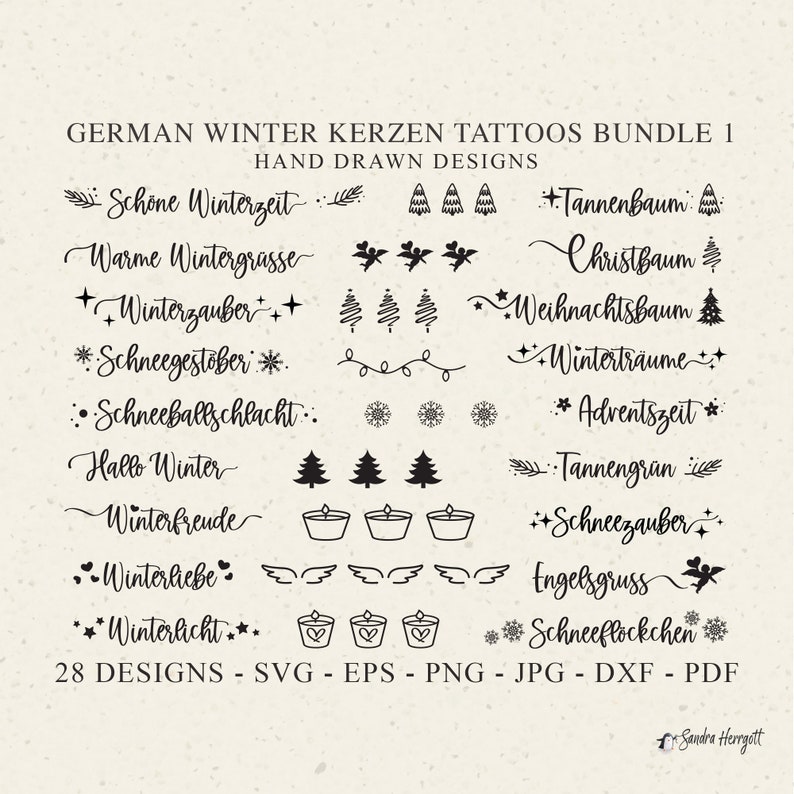 May include: A collection of 28 hand-drawn German winter-themed tattoo designs. The designs include text such as "Schone Winterzeit" and illustrations of snowflakes, Christmas trees, candles, and angels. The image also lists file formats.