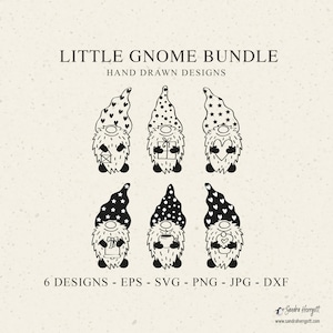 Könnte beinhalten: Ein digitales Design-Bundle mit sechs schwarz-weißen Zwergen-Illustrationen. Jeder Zwerg hat ein anderes Hutmuster und hält verschiedene Objekte, darunter Geschenke und Herzen. Der Text "LITTLE GNOME BUNDLE" und Informationen zum Dateityp sind ebenfalls enthalten.