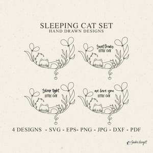 Schlafende Katze Plotterdatei svg Dxf Png Jpg Pdf Baby Tier Cricut Botanische Silhouette Floral Kitty Clipart Niedliches Herz Vinyl Laser Cut Datei