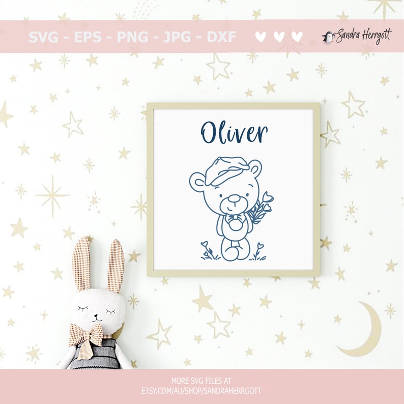 May include: A printable design featuring a cute cartoon bear wearing a hat and holding flowers. The design includes the name "Oliver" and is perfect for a nursery or child's room.