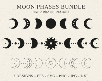 May include: Three black and white illustrations of moon phases. The first illustration shows the moon in various phases, the second shows the moon in various phases with stars, and the third shows the moon in various phases with a star in the center.