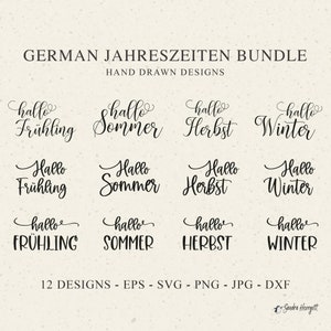 Deutsche Jahreszeit Plotterdatei SVG DXF Hallo Frühling Sommer Herbst Winter Cricut Silhouette Download Plotter Bundle Niedlich Herbst Schriftzug Clipart