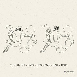 Op de afbeelding: Twee lijntekeningen van ooievaars die baby's in bundels dragen. Boven één ooievaar staat de tekst "It's a boy", boven de andere "It's a girl". De afbeelding bevat wolken, sterren en harten. De onderkant van de afbeelding zegt "2 DESIGNS - SVG - EPS - PNG - JPG - DXF".