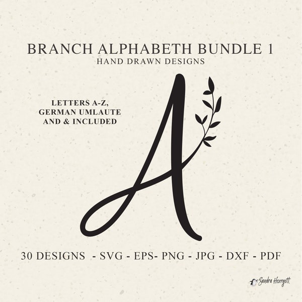 Branche alphabet traceur fichier Svg Dxf Eps Png Jpg Pdf lettre Cricut monogramme botanique mariage Silhouette feuille Clipart vinyle découpé au Laser fichier