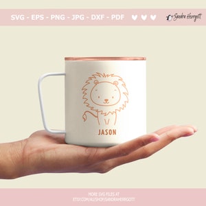 May include: White mug with a copper-colored lid, featuring a line drawing of a lion with the name "JASON" printed below.