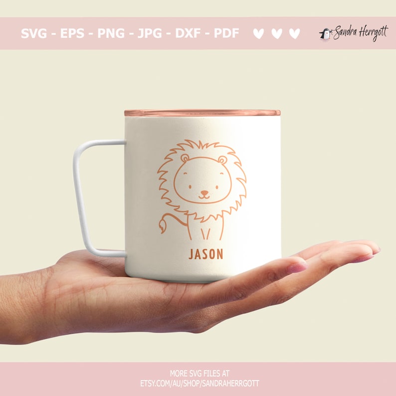 May include: White mug with a copper-colored lid, featuring a line drawing of a lion with the name "JASON" printed below.