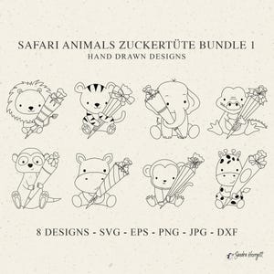 Animal de la escuela Safari Plotter Archivo de corte láser SVG DXF PNG León Cricut Oso Silueta Elefante Clipart Bebé Hipopótamo Suricata Sombreros de azucar