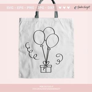 May include: A black and white line drawing of a gift box with three balloons tied to it. The balloons are floating up and there are two swirls of ribbon coming off the box.