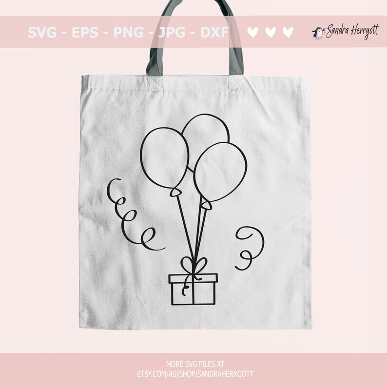 May include: A black and white line drawing of a gift box with three balloons tied to it. The balloons are floating up and there are two swirls of ribbon coming off the box.