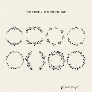 May include: Eight black and white wreath outlines with different designs, including hearts, leaves, and flowers. The text "THICK OUTLINES FOR CUTTING MACHINES" is at the top of the image.