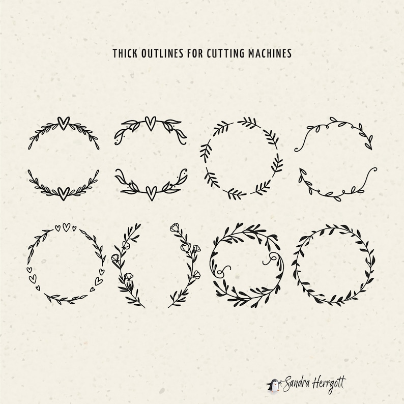 May include: Eight black and white wreath outlines with different designs, including hearts, leaves, and flowers. The text "THICK OUTLINES FOR CUTTING MACHINES" is at the top of the image.