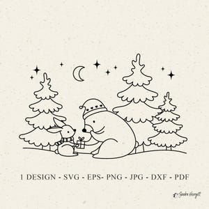 May include: A black and white illustration of a bear offering a gift to a rabbit in a winter forest setting. The image features pine trees, stars, and a crescent moon. The text at the bottom reads "1 DESIGN - SVG - EPS - PNG - JPG - DXF - PDF".