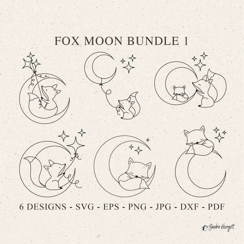 May include: A set of six black and white line art illustrations featuring foxes and moons. The illustrations include foxes sleeping on moons, holding stars, and holding balloons. The text "FOX MOON BUNDLE 1" and "6 DESIGNS - SVG - EPS - PNG - JPG - DXF - PDF" is included in the image.