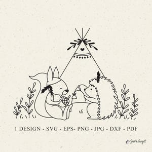 Esquilo Ouriço Tepee Plotter Arquivo Svg Dxf Png Jpg Pdf Woodland Cricut Silhueta Bebê Animal Clipart Vinil Arquivo de Corte a Laser Amigo da Floresta