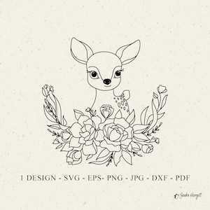 Floral Hirsch Plotterdatei SVG Dxf Png Jpg Eps Pdf Wald Tier Cricut Silhouette Baby Fohlen Clipart Niedliche Vinyl Laser-Schnitt-Datei Botanische Pfingstrose