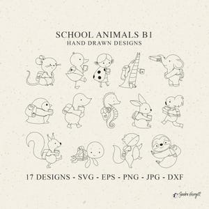 Animal de l'école avec sac à dos traceur fichier découpé au laser DXF SVG PNG Souris Cricut Koala éléphant bébé canard lapin renard paresseux tortue écureuil Clipart
