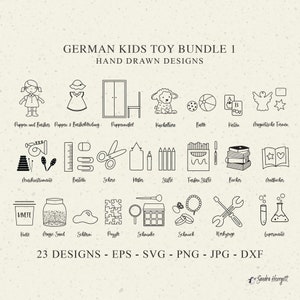 Duits speelgoed plotterbestand SVG DXF PNG Poppenkleertjes Cricut Craft Supply silhouet puzzel magisch zand gereedschap muziekinstrument bal kaart boek pen