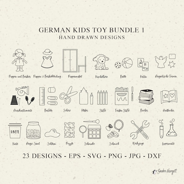 German Toys Plotter File SVG DXF PNG Doll Clothes Cricut Craft Supply Silhouette Puzzle Magic Sand Tools Music Instrument Ball Card Book Pen