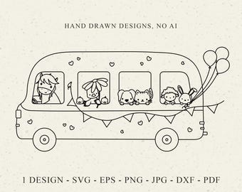 May include: A black and white line art illustration of a bus filled with cartoon animals including a horse, bird, dog, cat, sheep, and rabbit. The bus is decorated with hearts, bunting, and balloons. Text reads: HAND DRAWN DESIGNS, NO AI and 1 DESIGN - SVG - EPS - PNG - JPG - DXF - PDF.