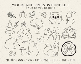 Archivo de plotter Amigos del bosque Svg Dxf Png Jpg Pdf Eps Animales del bosque Cricut Ardilla Clipart Hoja Zorro Conejo Oso Búho Ciervo Hongo Silueta