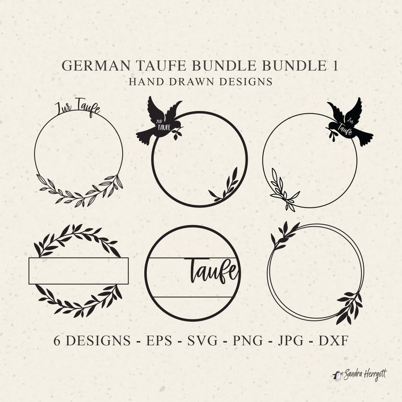 May include: Six black and white hand-drawn designs for a baptism or christening. The designs feature wreaths, doves, and the word "Taufe" which is German for baptism.
