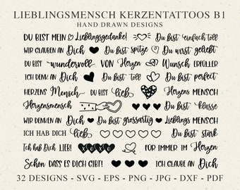 May include: A collection of 32 black hand-drawn candle tattoo designs featuring German phrases like "Lieblingsmensch" and "Du bist mein Lieblingsgedanke" alongside various heart icons, presented on a light speckled background with file formats listed.