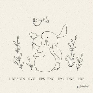 Coniglietto che canta uccello plotter file Svg Dxf Png Pdf Jpg carino botanico Cricut floreale silhouette bambino animale clipart vinile file tagliato al laser fiore