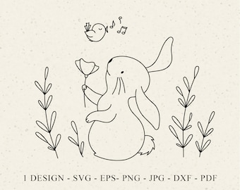 Bunny Singing Bird Plotter File Svg Dxf Png Pdf Jpg Cute Botanical Cricut Floral Silhouette Baby Animal Clipart Vinyl Laser Cut File Flower