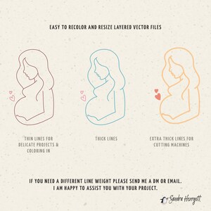 Pu&ograve; includere: Tre illustrazioni a linea di una donna incinta con diversi spessori di linea. La prima illustrazione ha linee sottili, la seconda ha linee spesse e la terza ha linee extra spesse. Il testo sotto le illustrazioni dice "Facile da ricolorare e ridimensionare i file vettoriali a strati". Il testo sotto le illustrazioni dice "Linee sottili per progetti delicati e colorazione", "Linee spesse" e "Linee extra spesse per macchine da taglio". Il testo sotto le illustrazioni dice "Se hai bisogno di uno spessore di linea diverso, per favore inviami un DM o un'e-mail. Sono felice di aiutarti con il tuo progetto." Il testo sotto le illustrazioni dice "Sandra Herrgott".