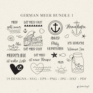May include: A collection of 19 nautical-themed designs in black and white, including anchors, waves, and phrases like "German Meer Bundle 1." The designs are available in SVG, EPS, PNG, JPG, DXF, and PDF formats. The image has a textured background.