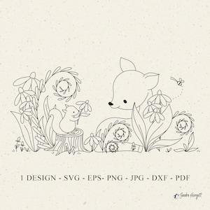 Cervo, scoiattolo, margherita, file plotter, SVG, DXF, PNG, Jpg, bosco, Cricut, silhouette botanica, cucciolo di animale della foresta, clipart, file in vinile tagliato al laser