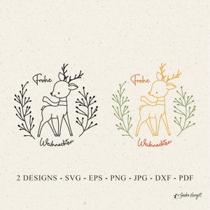 Archivo de trazador de ciervos de feliz Navidad alemán Svg Dxf Png Jpg Pdf Navidad Cricut Silueta de animal bebé Clipart botánico Archivo de corte de vinilo Ciervo de invierno