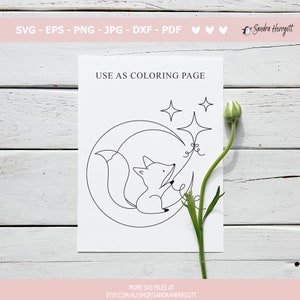 May include: A black and white line drawing of a fox holding a star on a string. The fox is sitting on a crescent moon. There are two stars in the background. The text "USE AS COLORING PAGE" is at the top of the page.