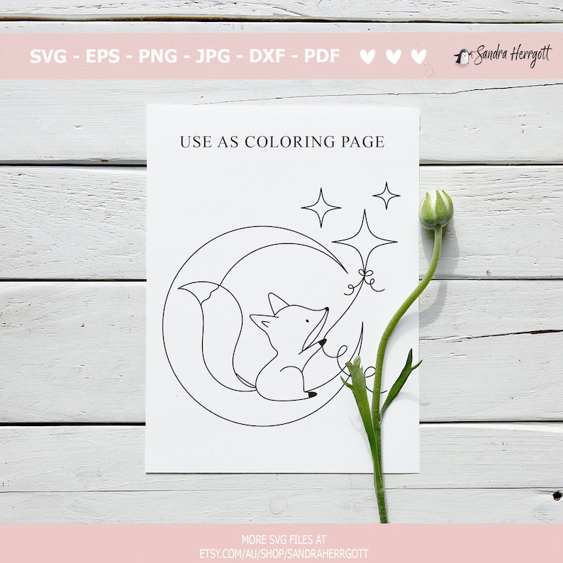 May include: A black and white line drawing of a fox holding a star on a string. The fox is sitting on a crescent moon. There are two stars in the background. The text "USE AS COLORING PAGE" is at the top of the page.