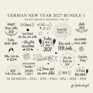 Op de afbeelding: Een verzameling van 28 handgetekende zwarte ontwerpen voor Nieuwjaar 2027, met Duitse teksten zoals Frohes Neues Jahr, Silvester Party en Prosit Neujahr, vergezeld van illustraties van champagneglazen, vuurwerk en sterren.