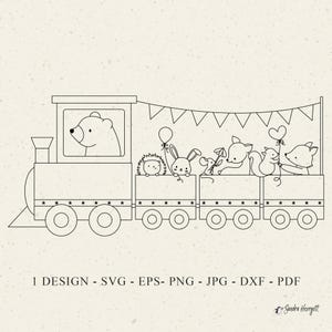 以下が含まれることがあります： 白黒のイラストで、クマ、ハリネズミ、ウサギ、リス、キツネなどの森の動物を乗せた列車が描かれています。列車は星とバナーで装飾されています。画像には「1 DESIGN - SVG - EPS - PNG - JPG - DXF - PDF」というテキストが含まれています。