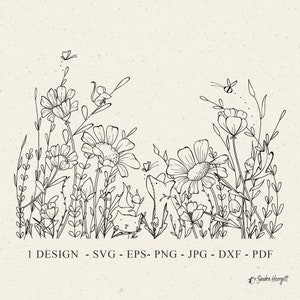 Wildflower Meadow Plotter Svg Dxf Png Eps Jpg Botaniczny Cricut Fox Clipart Słodkie Zwierzę Wiewiórka Motyl Pszczoła Winyl Cięty Plik Kot Sylwetka