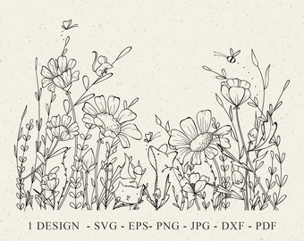 Wildflower Meadow Plotter Svg Dxf Png Eps Jpg Botanical Cricut Fox Clipart Cute Animal Squirrel Butterfly Bee Vinyl Cut File Cat Silhouette
