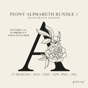 Pioen alfabet plotter bestand Svg Dxf Eps Png Jpg letter & nummer Cricut bloemen monogram bruiloft silhouet clipart vinyl gesneden bestand DIY stencil